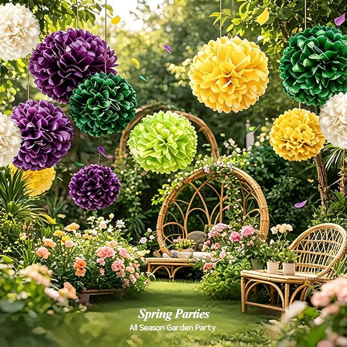 AimtoHome Mardi Gras Tissue Paper Pom Poms, Cyan Purple Green Yellow Cream - Image 3