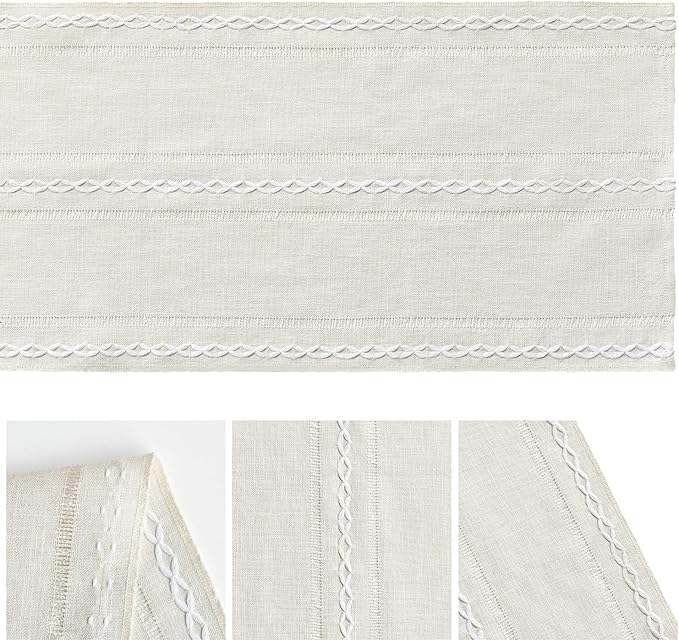 Artoid Mode Beige Rustic Cotton Linen Table Runner, Seasonal Embroidered Hollow Kitchen Dining Table Decoration for Home Party Decor 13x90 Inch