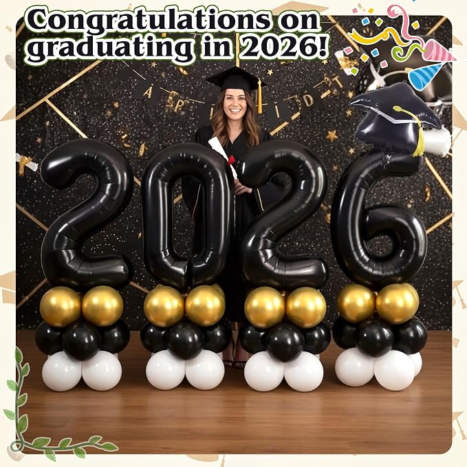 4 Sets 5 ft Graduation 2026 Balloons Column Stand Kit Jumbo Black 2026 Grad Cap - Image 7