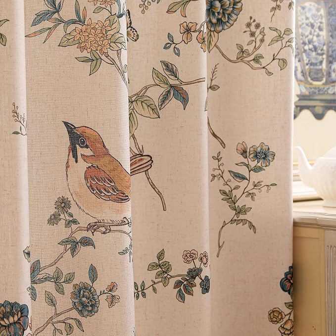 Designer French Linen Printed Curtains, 2 Panels, Bird and Flowers Pattern Draps by Isaennehomedecoration