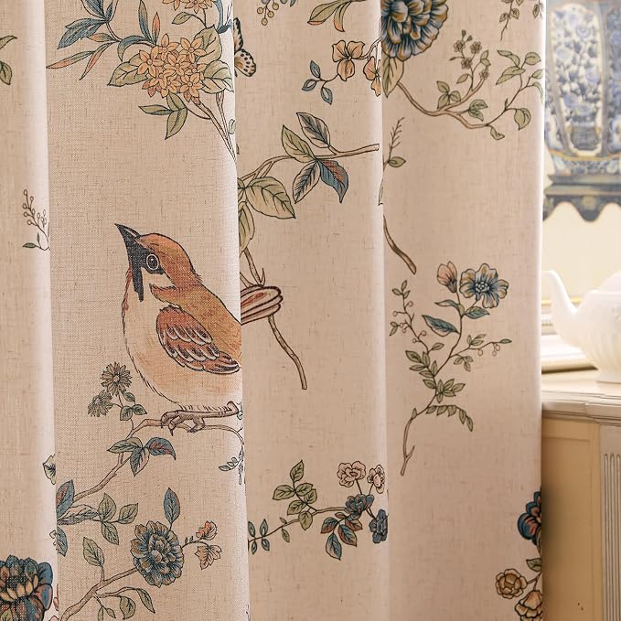 Designer French Linen Printed Curtains, 2 Panels, Bird and Flowers Pattern Draps by Isaennehomedecoration