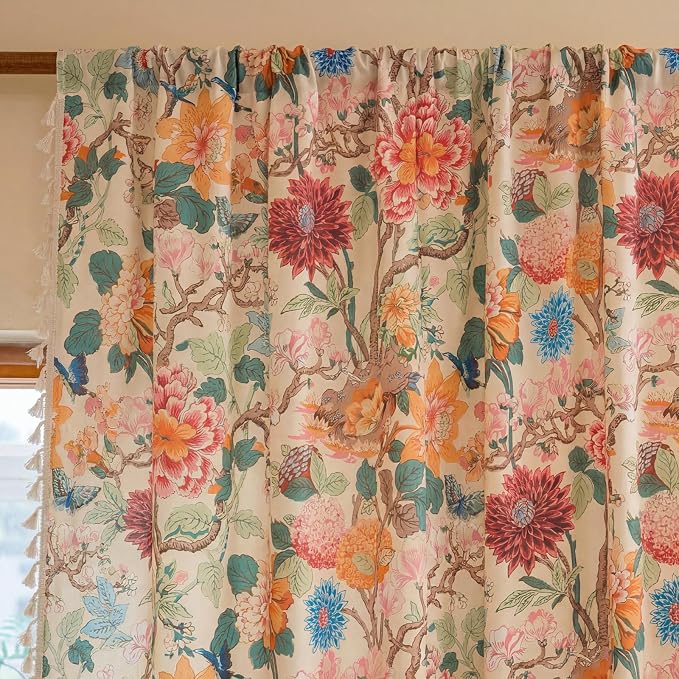 Floral Rod Pocket Semi Sheer Bedroom 96 Inch Curtains 2 Panel Set | Living Room - Image 4