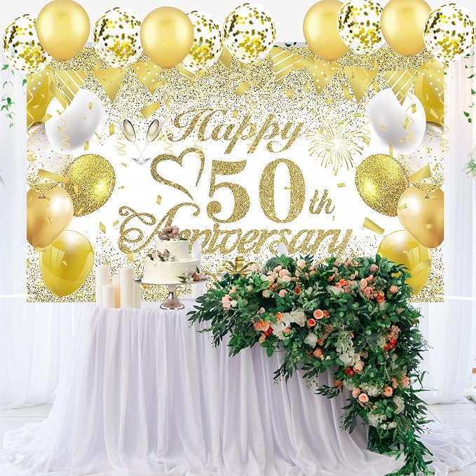 50th Wedding Anniversary Decorations Banner White Gold Happy 50th Anniversary - Image 3