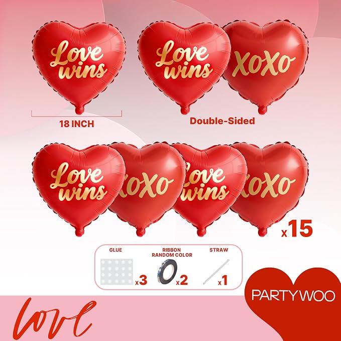 PartyWoo Valentine's Balloons 15pcs 18 Inch Foil Love XOXO Red Heart Balloons - Image 6