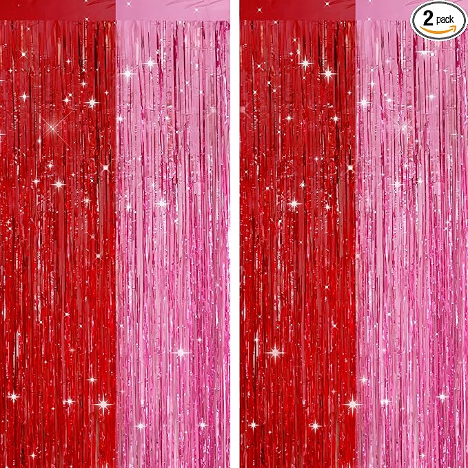 jijAcraft Red Pink Tinsel Foil Fringe Curtain, 2 Pack 3.2x6.5 Feet Pink Red by jijAcraft
