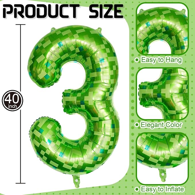 3rd Birthday Balloons for Boys, Large Lime Green Pixel Number 3 Balloon - Image 2