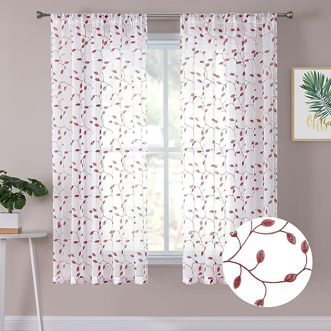 Tollpiz Leaves Short Sheer Curtain Burgundy Red Leaf Embroidery Bedroom by Tollpiz