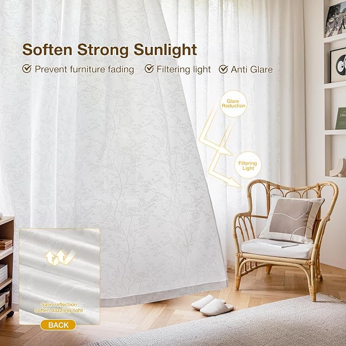 Anmao White Semi Sheer Light Filtering Curtains 96 Inches Long 2 Panels - Image 5