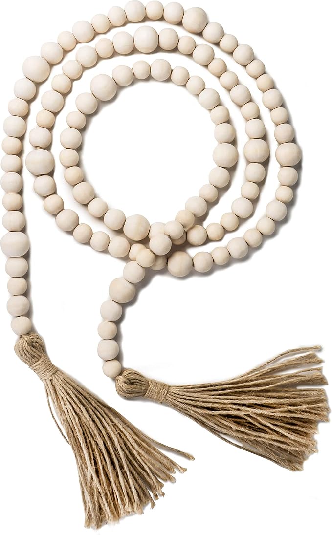 Wood Bead Garland with Tassels, 72 Inch Natural Wooden Beads Garland, 6 Feet by DF+DUALFERV