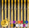 Voircoloria Black Gold Foil Fringe Backdrop Curtains, 3 Pack | Tinsel Streamers by Voircoloria