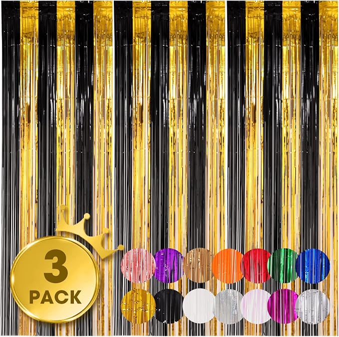 Voircoloria Black Gold Foil Fringe Backdrop Curtains, 3 Pack | Tinsel Streamers by Voircoloria