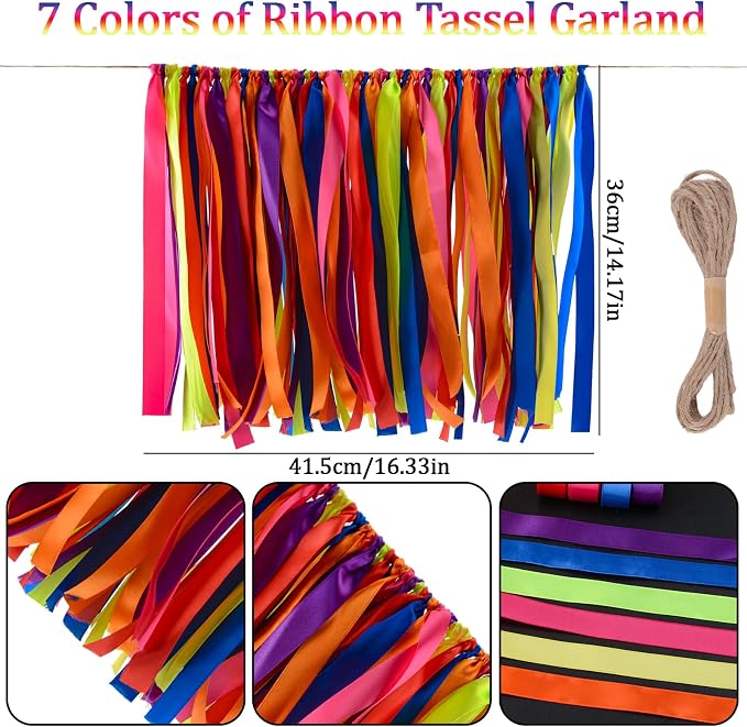 WANDIC Ribbon Tassel Garland, Colorful Fabric Decorative Ribbon Banner Handmade - Image 2