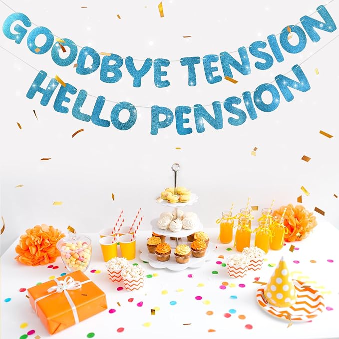 Retirement Banner Pre-Strung GOODBYE TENSION HELLO PENSION Banner Glitter - Image 4