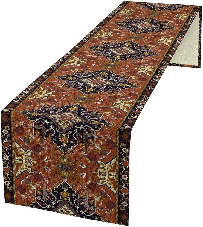Vintage Boho Orange Table Runner, Country Rustic Farmhouse Magical Abstract Print Pattern for Home Kitchen Table Decor Dining Coffee Room Garden Party Decor 13x36in