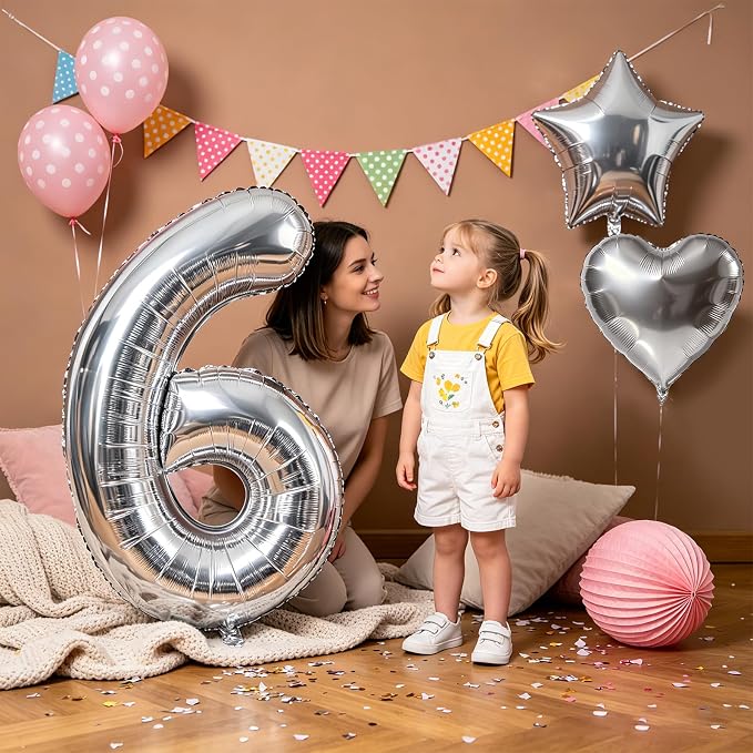 TONIFUL 6th Birthday Balloons Kit 40Inch Silver Large Number 6 Foil Balloon | - Image 5