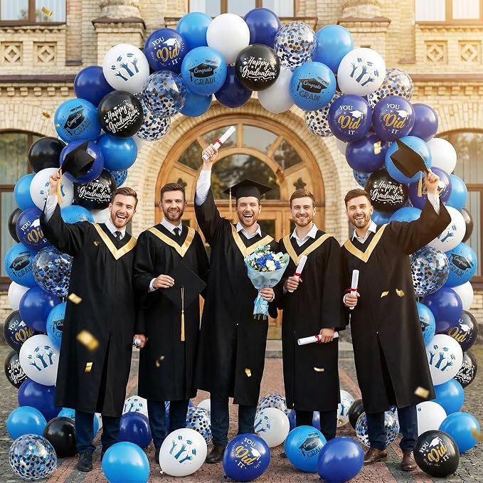 Blue Black White Graduation Balloons, 12 Inch Dark Navy Blue Black Confetti - Image 6