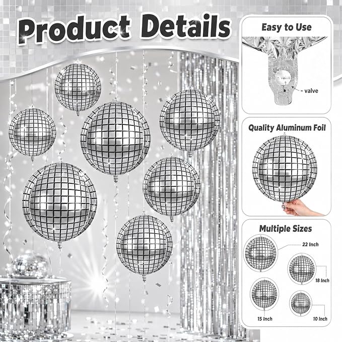 12Pcs Disco Ball Balloons Foil, Giant Metallic Silver Disco Balloons - Image 7