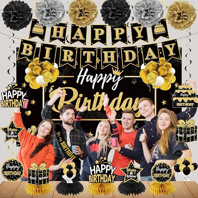 Zirtorei 20Pcs Black Gold Birthday Party Decorations Kit - Image 5