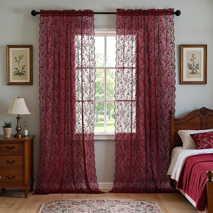 Burgundy Sheer Curtains for Bedroom Rustic Floral W42 x L54 Inch, 2 Panels | - Image 3