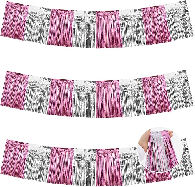 BEISHIDA Pink Silver Fringe Garland Banner 30ft Wall Tinsel Foil Streamers | by Beishida