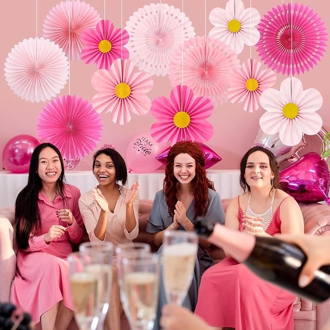 ADLKGG Pink Paper Fans Wall Decor, Flower Backdrop Party Decorations | 12 Pcs - Image 3