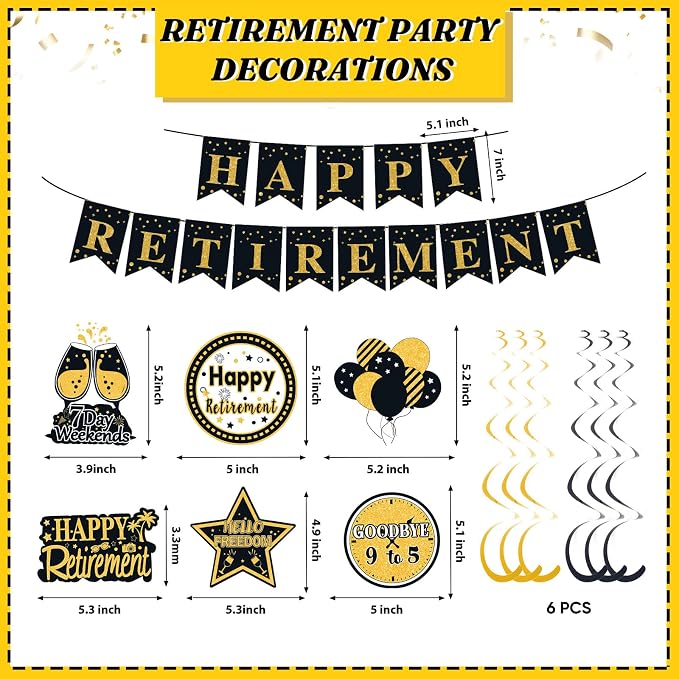 Retirement Party Decorations for Men Women Black Gold Happy Retirement Banner - Image 2