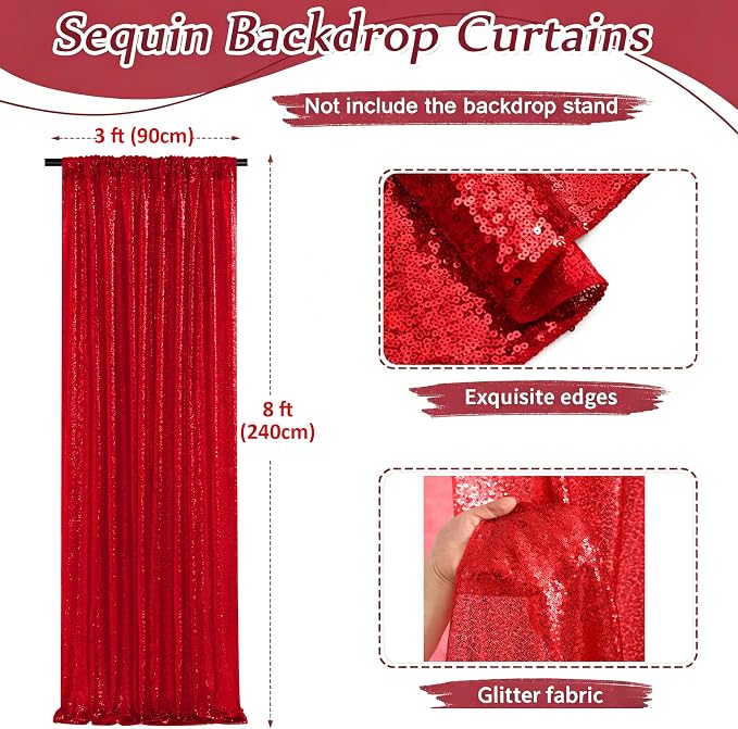 Red Sequin Backdrop Curtains-2 Panels 3FTx8FT Red Backdrop - Image 3