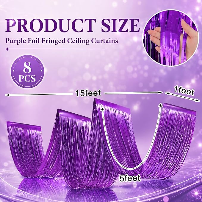 8 Pcs Purple 15ft Metallic Foil Ceiling Fringe Curtains - Image 2
