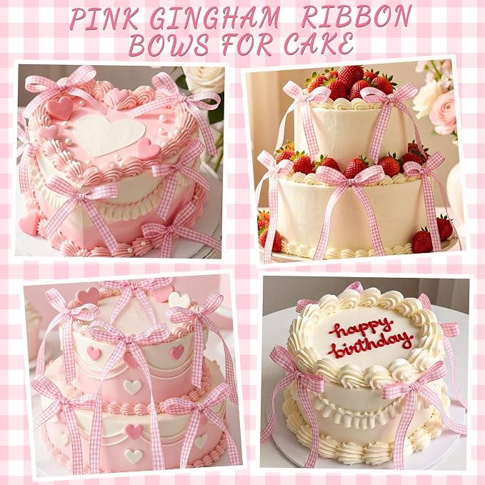 30 Pack Bow Cake Toppers Pink Gingham Ribbon Bows - Image 2