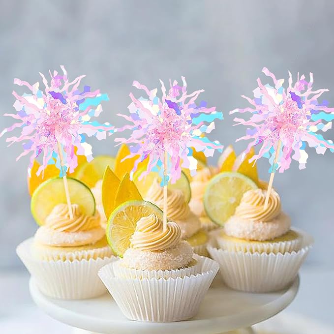 30 PCS Foil Firework Cupcake Toppers Sparkle Tinsel Cupcake Picks Happy - Image 5