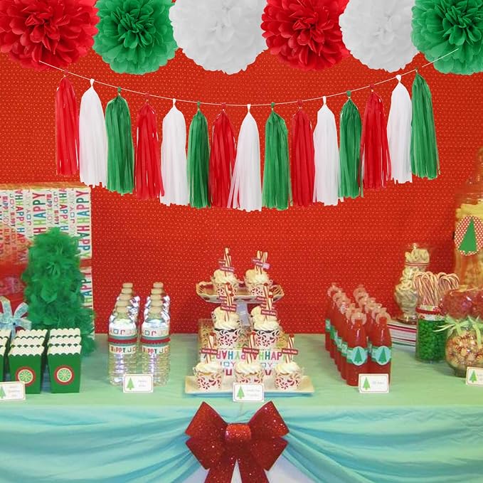 Red-Green White Christmas Party-Decorations Tassel-Garland -15pcs Mexico Italy - Image 4