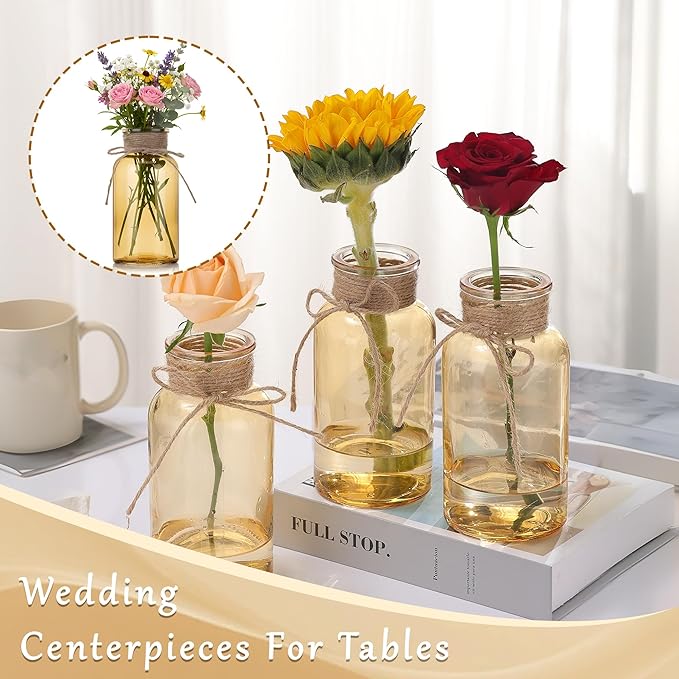 Gold Vases for Centerpieces Set of 6, Mason Jars Boho Cylinder Bud Vases in Bulk, for Weddings Parties Vintage Home Decor