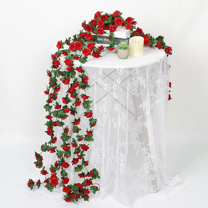 KHOYIME 9 Pack 72 FT Artificial Flower Garland, Fake Red Roses Vines Silk Flowers Faux Plastic Outdoor Hanging Floral Ivy Garland Decoration for Wedding Arch Bedroom Home Wall Backdrop Room Decor