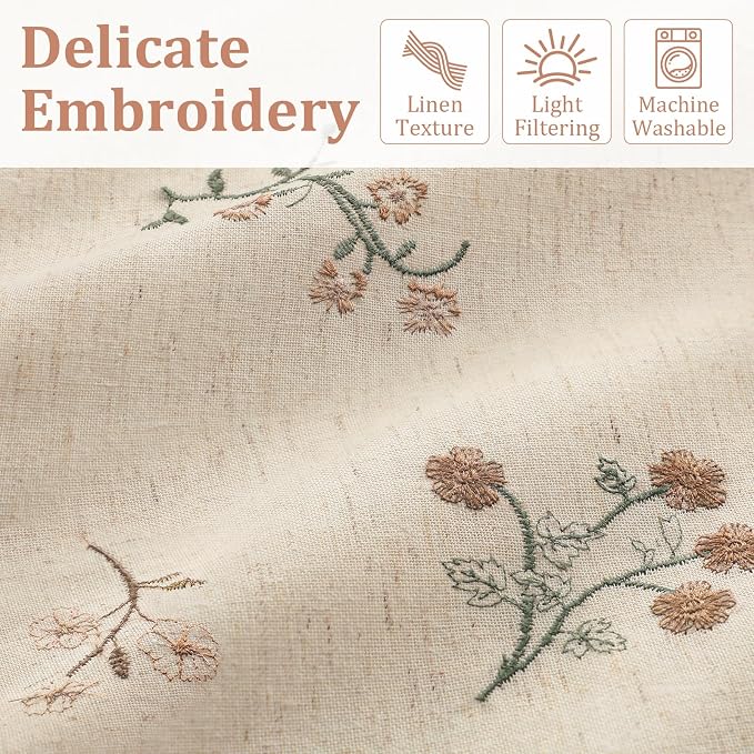 Floral Embroidered Light Filtering Curtains 63 Inch 2 Panels | Linen Blend - Image 3