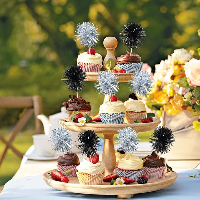 Gyufise 30Pcs Foil Firework Cupcake Toppers Sparkle Tinsel Cake Toppers Tinsel - Image 4