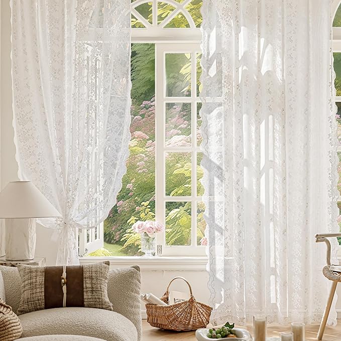 Anmao Vintage White Lace Curtains 90 Inches Long 2 Panels Set, Romantic Elegant - Image 5