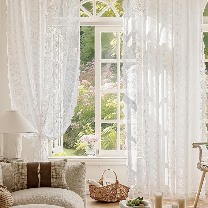 Anmao Vintage White Lace Curtains 54 Inches Long 2 Panels Set, Romantic Elegant - Image 5