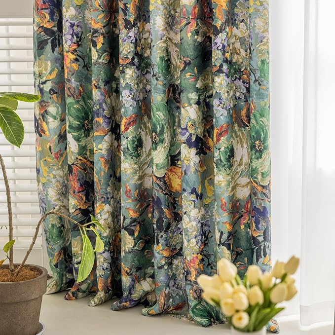 SUOUO Dark Green Vintage Floral Blackout Curtains - Image 9