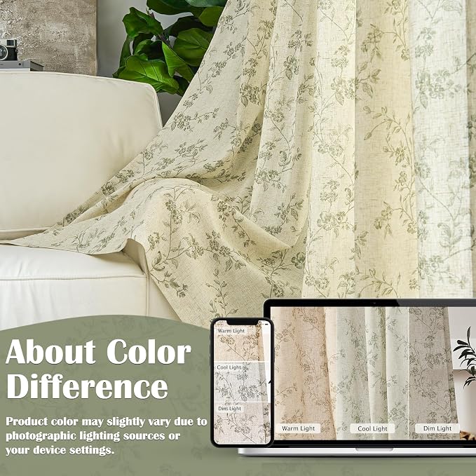 Extra Long Green Vintage Floral Linen Curtains Farmhouse 2 Panels | Elisa Series - Image 6