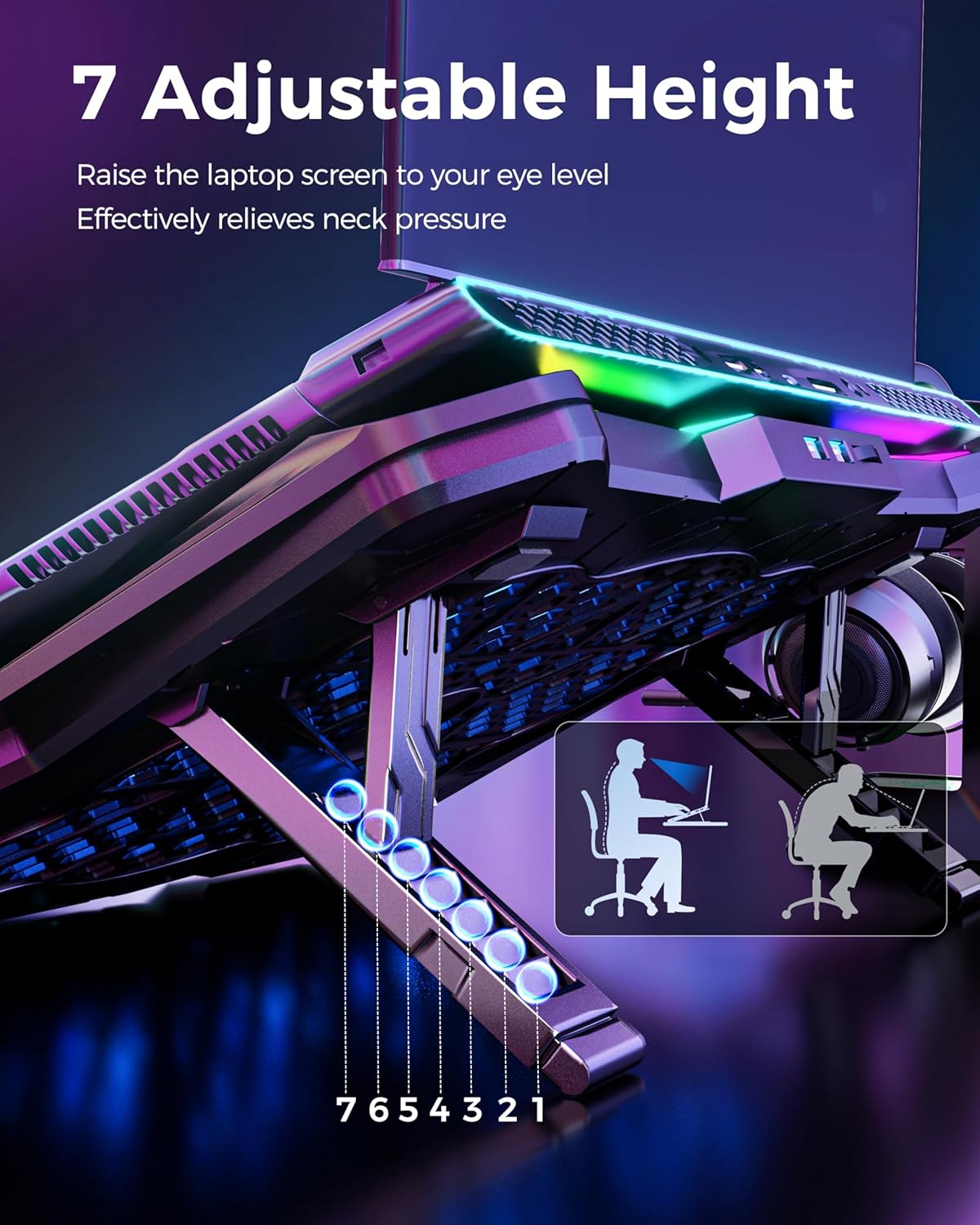 AICHESON Gaming Laptop Cooling Pad with 8 Fans, RGB Computer Stand for 15.6-17.3 Inch Notebook with 7 Height Slots, 2 USB Ports, AA3