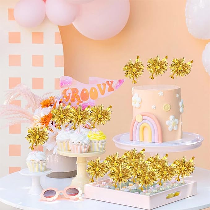 30 PCS Foil Firework Cupcake Toppers Star Cupcake Picks Sparkle Tinsel Flower - Image 6