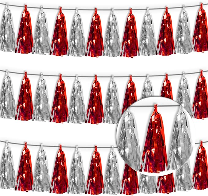 3P Red Silver Tassel Banner Garland Metallic Foil Fringe Banner Tinsel Tassels by FENGNIAN
