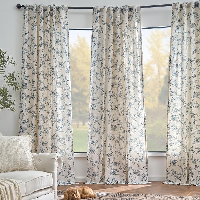 Black Floral Linen Lined Curtains Rod Pocket 50W X 96L 2 Panels | Charlotte - Image 7