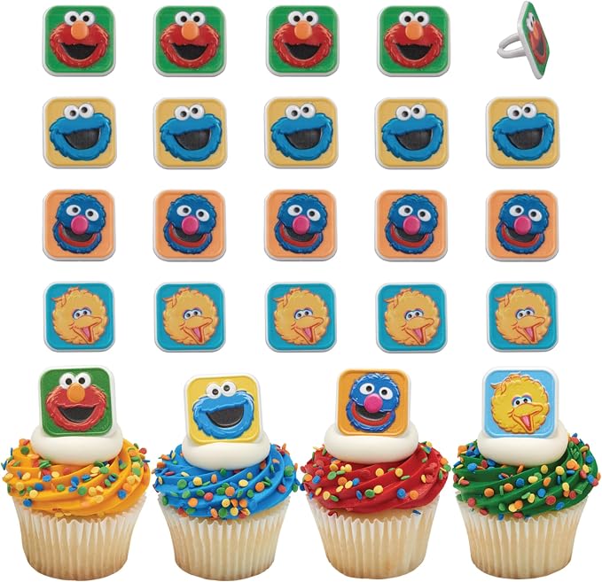 Sesame Street Rings, 24 Cupcake Toppers Featuring Elmo, Big Bird, Cookie Monster by Decopac