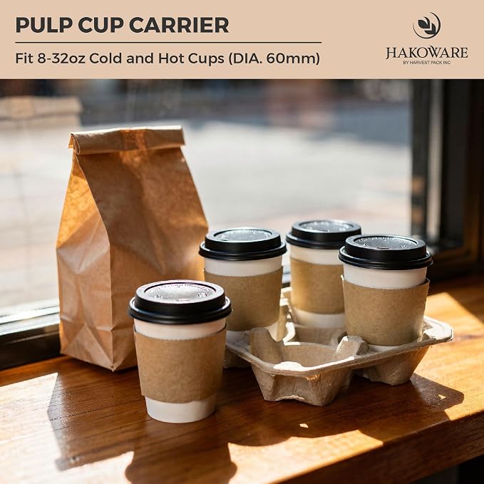 HAKOWARE 8-32oz 4 Cup Disposable Drink Carrier Trays, Compostable Pulp Fiber - Image 5