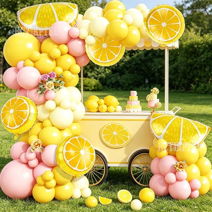 162Pcs Pastel Yellow Light Pink Lemon Balloon Arch Kit, Lemon Foil Balloons - Image 4