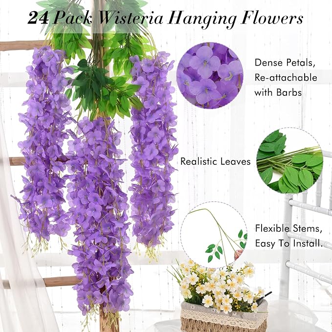 Wisteria Hanging Flowers, 24 Pack Fake Flowers Garland, 3.6 Feet/Pcs Purple - Image 3