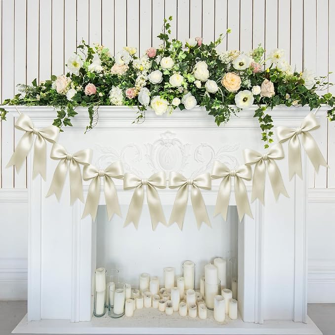 2 Strings of 16PCS Ivory White Bow Garland Banner Decoration, Pre-Strung Satin - Image 6