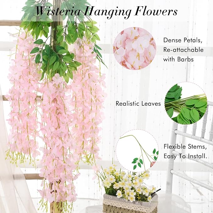 60 Pack Light Pink Wisteria Hanging Flowers, Fake Flowers - Image 5