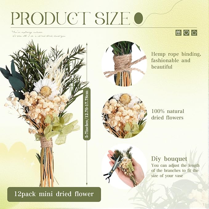 Layhit 12 Pack Boho Dried Flower Bouquet Mini Wedding Handmade Dry Flowers Decor for Vase Crafts DIY Photo Boutonniere for Men Floral Plant for Bridesmaid Gift Birthday Decor